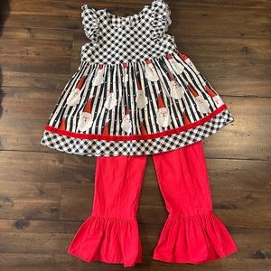 Ric Rac and Ruffles Santa set, black and white top and red flair pants size 4T